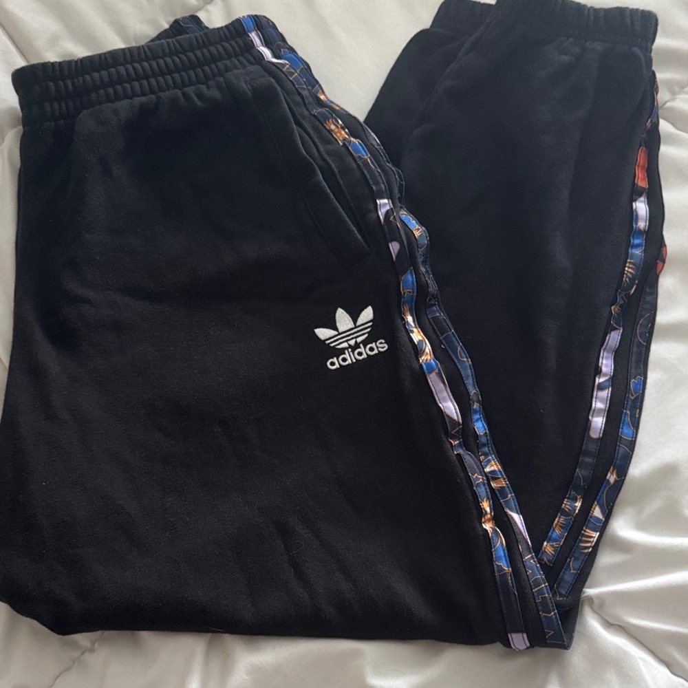 Adidas Black Sweatpants with Patterned Floral Side Stripes